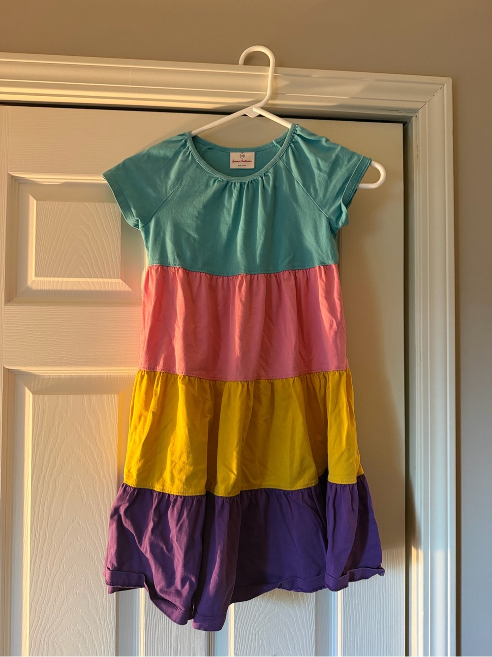 Hanna Andersson Tiered Cotton Dress in Aqua, Pink, Yellow & Purple